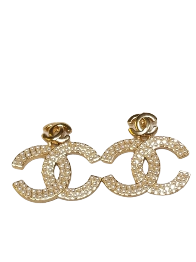 Chanel Earrings – Pearl Encrusted CC Logo, Gold Tone