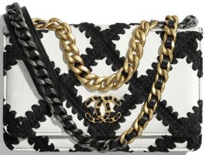 Chanel Calfskin Crochet Chanel 19 Wallet on Chain, Black and White