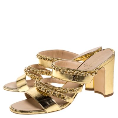 CHANEL Gold Leather Chain CC Logo Open Toe Mule Heel Sandal 3