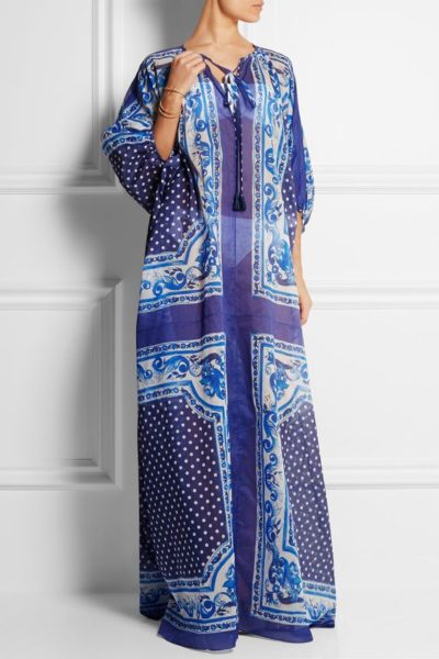 DOLCE & GABBANA BLUE MAJOLICA CAPE MAXI COTTON DRESS3